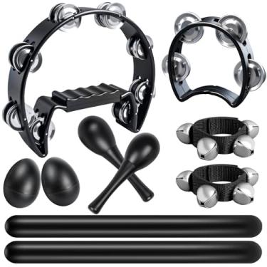 Imagem de ZBY 10 Pandeiros para adultos - Pandeiro de meia lua, bastões de ritmo de madeira, sinos pandeireta, sinos de pulso, agitadores de ovos, martelos de areia, conjunto de instrumentos de percussão