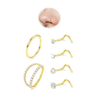 Imagem de 6 peças de argolas de nariz de 18 G com argola dupla CZ e 20 g para mulheres e homens, hipoalergênico, aço 316L, dobradiça/saca-rolhas narina, hélice de septo/piercing de cartilagem