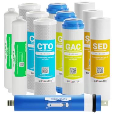 Imagem de Max Water Conjunto de filtros de substituição para sistema de filtro de água de osmose reversa padrão de 5 estágios 50 GPD RO filtros de membrana - pacote com 12 - filtros de água de tamanho padrão de