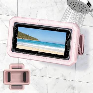 Imagem de Suporte de telefone de chuveiro à prova d'água - rotação de 360° + inclinação de 120° ajustável, capa antiembaçamento para tela sensível ao toque para montagem na parede/espelho do banheiro, suporte