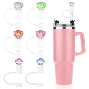 Imagem de 6 peças de tampas de palha de diamante para copo Stanley 30/1,134 g, tampas de palha de diamante colorido reutilizáveis, tampas de canudo de bebida, capas fofas de silicone para acessórios de copos