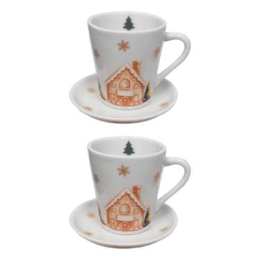 Imagem de Jogo 2 Xícaras Tulipa Com Pires Natal Porcelana Conjunto Café Chá Mesa Posta Decoração Só Art's® (Casinhas Ginger)