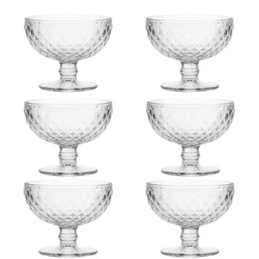 Imagem de Conjunto de Taças de Sobremesa em Vidro Lapidado, Design Diamante, 6 Unidades, Transparente, Para Sobremesas e Sorvetes