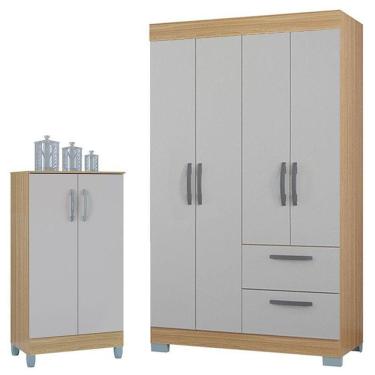 Imagem de Guarda Roupa Solteiro Tóquio 4 Portas Com Armário Multiuso 2 Portas Pequeno Damasco Off White - Poquema