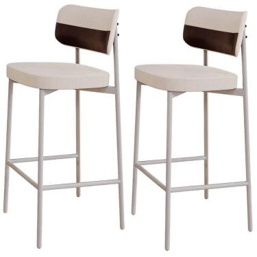 Imagem de Kit 02 Banquetas Alta Bar Cozinha Sala De Jantar Aço Branco Kaira C01 Linho Palha Courino Café - Lyam Decor