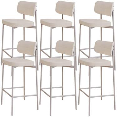 Imagem de Kit 06 Banquetas Alta Bar Cozinha Sala De Jantar Aço Branco Kaira C01 Linho Palha - Lyam Decor