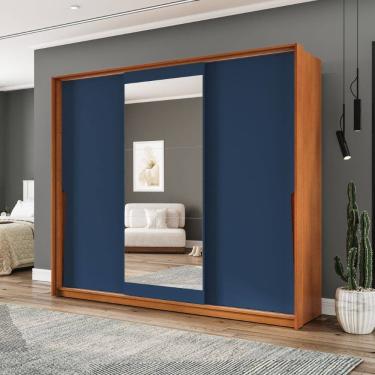 Imagem de Guarda Roupa Roupeiro 3 Portas de Correr 4 Gavetas com Espelho Porto Freijó Azul Politorno Móveis