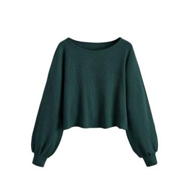 Imagem de Suéter Crop Top SweatyRocks feminino de malha canelada verde escuro