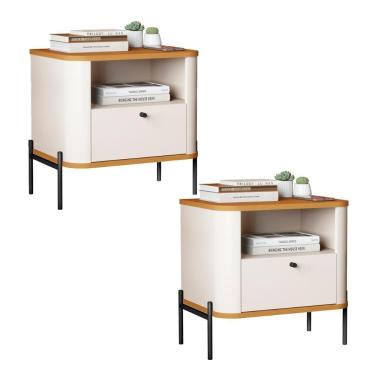 Imagem de Kit 2 Mesas Cabeceira Quarto Tucupí Slim 1 Gaveta Pés Metal Off White-Nature-Preto
