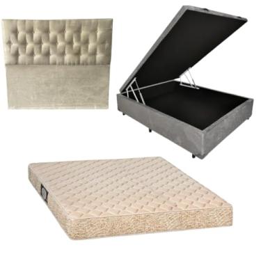 Imagem de Cama Box Baú Blindada com Colchão de Espuma Orthopedic + Cabeceira Botonê (SUEDE CINZA, Casal)