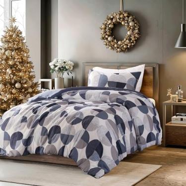 Imagem de Regency Heights Jogo de cama de solteiro com estampa em três tons, 2 peças, edredom quente e aconchegante para todas as estações, azul marinho e cinza
