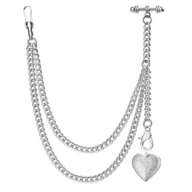 Imagem de DerMacht Corrente de relógio de bolso único Albert T-Bar com caixa de grade medalhão pingente difusor de óleo essencial, 11. Pingente de medalhão prata em forma de coração