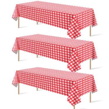 Imagem de Pacote com 3 toalhas de mesa xadrez de plástico vermelho e branco, toalhas de mesa decorativas premium xadrez xadrez vermelho para festas, capa de mesa retangular para piquenique, fazenda, aniversário