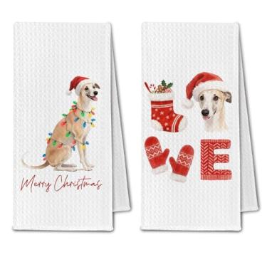 Imagem de ChissNook Toalhas de cozinha de Natal Whippet, presentes para amantes de cães Whippet, toalhas de prato para cozinha, toalha de mão decorativa de cachorro feliz Natal para banheiro, 40,6 x 61 cm
