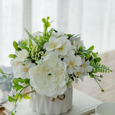Imagem de TKAS Arranjo de flores falsas em vaso de cerâmica, rosas de seda artificial e hortênsia, mesa de jantar floral realista pequena e realista para decoração de casa de festa de casamento (branca)