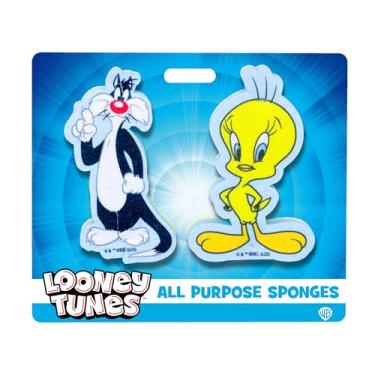 Imagem de Spoontiques Conjunto de esponja premium Tweety & Sylvester – Pacote com 2 esponjas de limpeza multiuso – Esfoliante dupla face, antiarranhões e lenço absorvente – durável, reutilizável, resistente ao