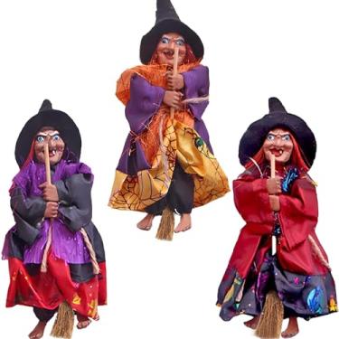 Imagem de Bonzitoy Enfeites de bruxa de Halloween, 3 peças, bonecos de bruxa voadora de 20 cm em vassouras, adereços para pendurar em casa assombrada