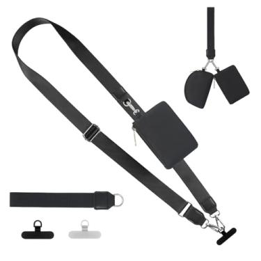 Imagem de Epinuo Cordão de telefone transversal, alça de clipe para telefone com carteira de pulso removível, cordão ajustável, abas de telefone de metal, adequado para mulheres, filhas, melhores amigas, preto