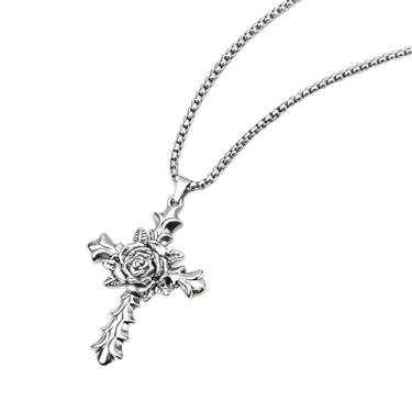 Imagem de LUSKINNO Colar feminino de rosa e cruz, pingente de crucifixo floral de aço titânio com corrente de cabo