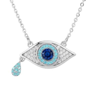 Imagem de Colar feminino com proteção contra o olho turco cintilante - Amuleto de zircônia banhada a prata e pedra turquesa com corrente ajustável