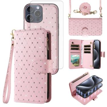 Imagem de Asuwish Capa carteira compatível com iPhone 15 Pro de 6,1 polegadas com zíper e protetor de tela de vidro temperado, alça transversal, flip com glitter, porta-cartões, capa para celular para celular i