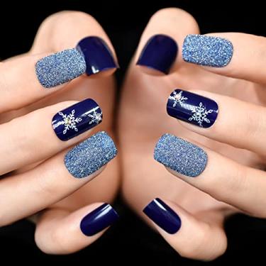 Imagem de 24 unhas postiças quadradas curtas com glitter, flocos de neve, azul, unhas postiças, ponta francesa, cobertura completa, cola nas unhas, para mulheres, acabamento de férias, reutilizável, manicure