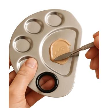 Imagem de Placa de Aço Inox para Maquiagem Profissional, Paleta Misturadora com Espátula, Semi-Circular, 6 Compartimentos para Cosméticos