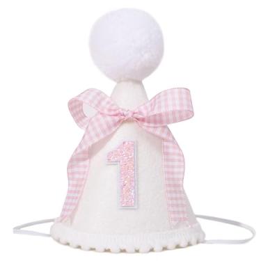 Imagem de BASCT Chapéu de 1º aniversário com laço rosa – Coroa de 1º aniversário para meninas, decoração de 1º aniversário de princesa para meninas, adereços de quebra de bolo