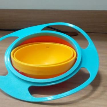 Imagem de Prato Mágico Giratório para Bebê, Sistema Anti-Derrame 360°, Azul e Laranja, 200ml, com Tampa Protetora, 18x7x18cm, para 0-6 Anos