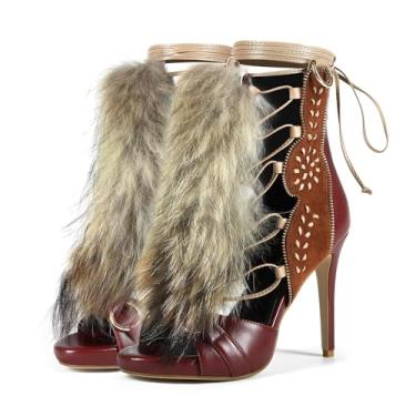 Imagem de Frankie Hsu Sandália de salto alto feita à mão no tornozelo stiletto, camurça marrom, peludo, felpudo, fofa, dourada, sapatos femininos, Marrom, 42