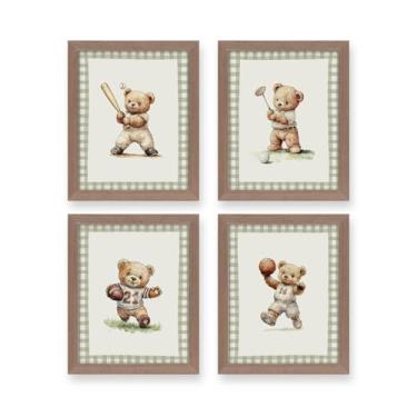 Imagem de heilkee Urso de pelúcia decoração de berçário arte de parede esportiva vintage para meninos quarto de meninos presentes golfe futebol beisebol basquete conjunto de 4 (moldura marrom, 20,3 x 25,4 cm)