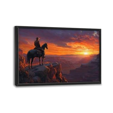 Imagem de Arte de parede grande emoldurada para sala de estar, decoração de parede de lona caubói ocidental, pintura emoldurada de imagem de paisagem natural grande, arte moderna para quarto escritório 91 cm x