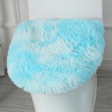 Imagem de Insun Capa de assento de vaso sanitário macia e fofa, capa de tampa absorvente lavável, suporte antiderrapante ajustável para a maioria das tampas de banheiro tingido azul claro 45 x 50 cm