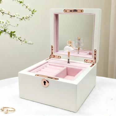 Imagem de Lihou PapaQ Caixa de joias musical branca de madeira para meninas e mulheres, caixa de armazenamento de joias, baú de música, presentes para Natal, aniversário, dia dos namorados e todos os feriados