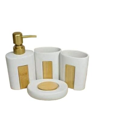 Imagem de Kit 4 Peças para Banheiro de cerâmica - saboneteira, porta-sabonete líquido, escova e xícara(Branco com Madeira-kit4)
