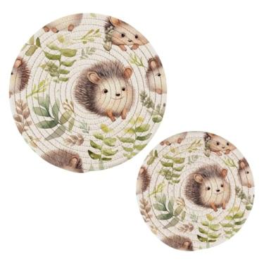 Imagem de Blueangle 2 peças de suporte de panela de tripé de ouriços fofos - conjunto de pegadores de panela de tecido redondo - almofadas quentes trançadas de algodão - porta-copos - tapetes de mesa para