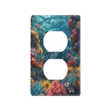 Imagem de Blueangle Placa de parede colorida de recifes de coral com tomadas duplas, tamanho padrão, placas de cobertura de tomada elétrica de 1 gangue para decoração de quarto de escritório em casa, 4,53 x