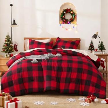 Imagem de Andency Conjunto de edredom King xadrez vermelho e preto (264 x 230 cm), conjunto de cama alternativo com 3 peças, borgonha macia, geométrica, leve, geométrica