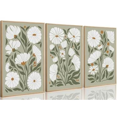 Imagem de 3 peças boho flores silvestres arte de parede verde sálvia boêmio abstrato floral pintura botânica imagem decoração de parede pôster impressão arte para sala de estar quarto banheiro decoração de casa
