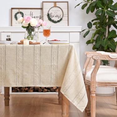 Imagem de Horaldaily Toalha de mesa retangular de linho de algodão bege 132 x 187 cm, estilo fazenda, resistente a vincos, lavável e resistente a rugas, capa de mesa bordada com bainha para casa