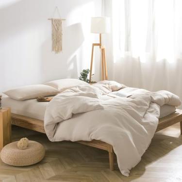 Imagem de VM VOUGEMARKET Capa de edredom bege tamanho Queen – Conjunto de cama texturizado com 3 camadas de algodão musselina 3 camadas, inclui 1 capa de edredom 222 x 232 cm com fecho de zíper e 2 fronhas