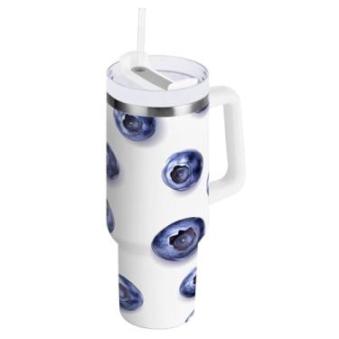 Imagem de Qilmy Copo de mirtilos frescos de 850 g com tampa e palha, copo isolado de aço inoxidável durável à prova de vazamento com alça, garrafas de água à prova de derramamento para Travel30