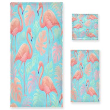 Imagem de Wassud Conjunto de 3 toalhas de banho flamingos e folhas tropicais pastel, toalhas super macias e absorventes para banheiro, toalhas de banho de secagem rápida, toalha de banho para academia, spa