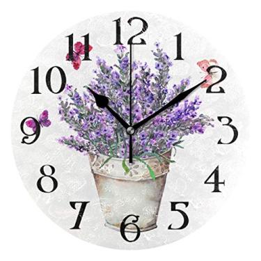Imagem de Relógio de parede provençal lavanda flores roxas borboletas 9,5 polegadas relógios silenciosos sem tique-taque relógio redondo de banheiro operado por bateria quartzo analógico decorativo relógio de