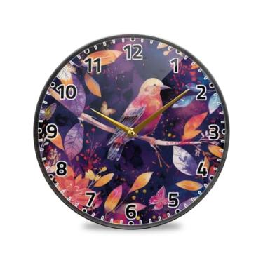 Imagem de WELLDAY Relógio de parede sem tique-taque 30,5 cm - Pássaros, flores, borboletas, quartzo operado por bateria, relógio redondo silencioso para casa/escritório/cozinha/sala de aula