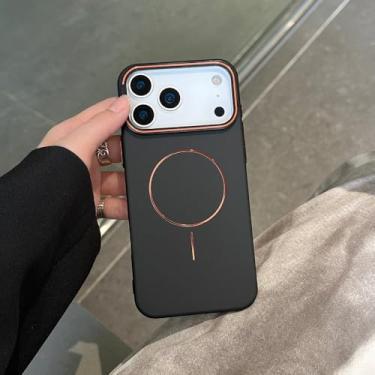 Imagem de Capa fina e dourada com suporte magnético para lente, compatível com iPhone 17 Pro Max, 17, 16, 15, 14 e 13 Pro. Feita em PC+TPU, na cor preta. Também compatível com iPhone 14 Pro.