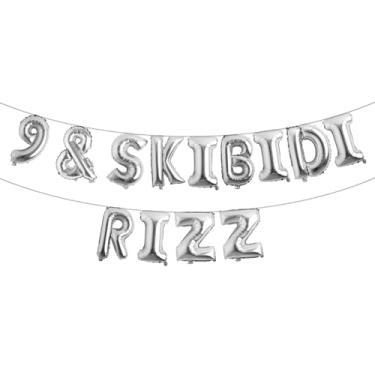 Imagem de 9 & Skibidi Rizz Faixa de balão com glitter multicolorido - suprimentos, ideias e decorações para festa de 9 anos (9 e SKIBIDI RIZZ prata)