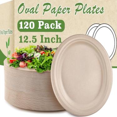 Imagem de Bgtecho Pacote com 120 pratos ovais de papel, pratos de jantar descartáveis de 30 cm, prato biodegradável grande descartável, prato de papel compostável super forte para piquenique de festa de