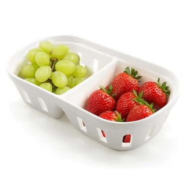 Imagem de KBVASOTZ Cesta de frutas de cerâmica, tigela de frutas quadrada 2 em 1 com orifícios, escorredor de cerâmica para cozinha, geladeira, balcão, comporta frutas vermelhas, morangos, uvas, cerejas