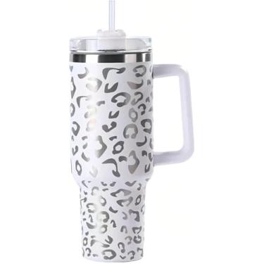 Imagem de Copo Térmico Grande 1200ml de Aço Inoxidável com Alça, Parede Dupla, Tampa com Canudo, Isolamento Térmico Quente e Frio, Cilíndrico branco